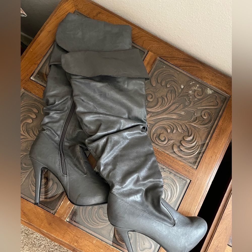 Gray knee high boots